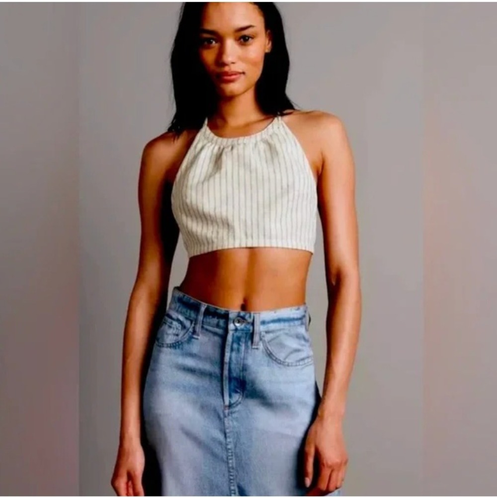 Rag & Bone Zoe Halter Top Cream Navy Pinstripe Linen Blend Crop Top XS